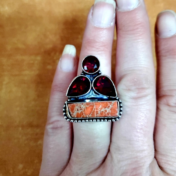 New Sea Sediment Jasper & Garnet 925 Silver Ring. - Picture 3 of 7